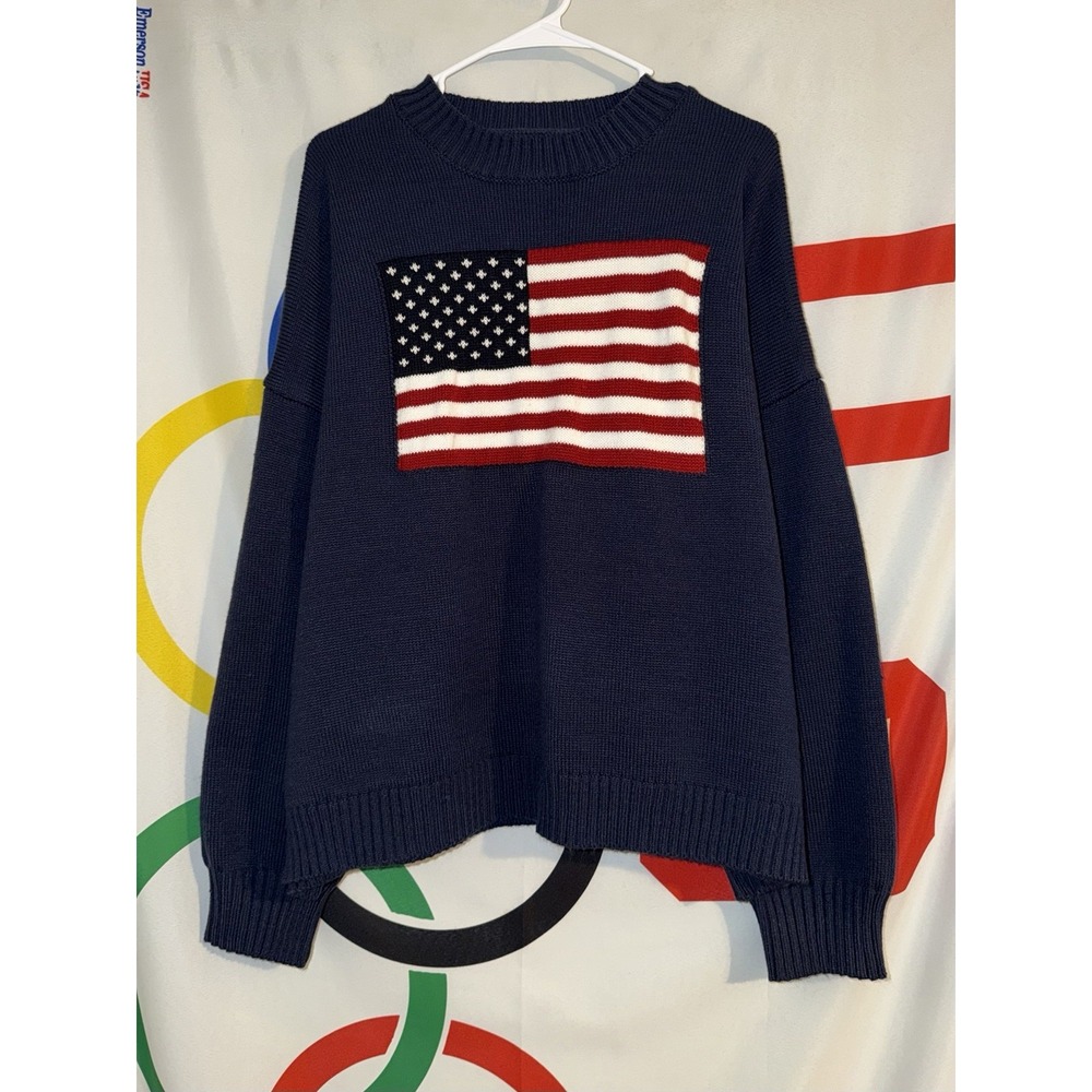 American Flag Sweater Womens 2XL Pullover Navy Blue USA Polyester